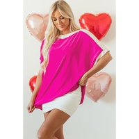 Rose Red Oversized Color Block Boat Neck Tunic Blouse - L thumbnail