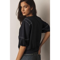 Black Contrast Stitches Detail Puffy Half Sleeve Blouse - M thumbnail