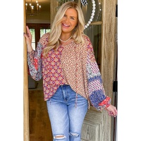 Orange Mixed Floral Printed Long Sleeve Tied V Neck Blouse - L thumbnail