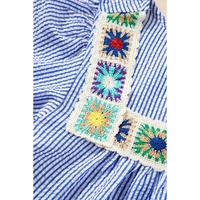 Sky Blue Stripe Textured Ruffle Short Sleeve Boho Detail Square Neck Blouse - L thumbnail