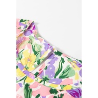 Purple Floral Print Puff Short Sleeve Crew Neck Blouse - L thumbnail