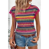 Rose Red Jacquard Textured Tasseled Cap Sleeve Top - L thumbnail