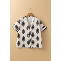 Black Geometric Print Short Sleeve V Neck Blouse - M thumbnail