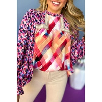 Rose Red Abstract Geometric Pattern Patchwork Puff Sleeve Blouse - L thumbnail