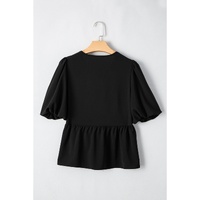 Black Puff Sleeve Bowknot Front Peplum Blouse - S thumbnail