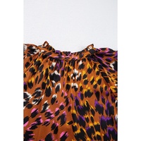 Orange Leopard Printed Draped Short Sleeve Slit V Neck Blouse - L thumbnail