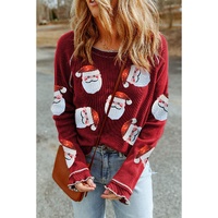 Red Sequin Santa Claus Graphic Textured Long Sleeve Top - M thumbnail