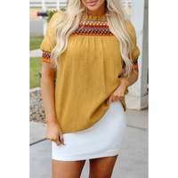 Mustard Geometric Short Puff Sleeve Frilled Collar Blouse - L thumbnail