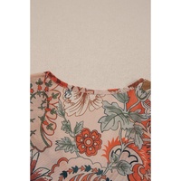 Orange Floral Print Deep V Neck Knot Bell Sleeve Blouse - L thumbnail