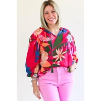 Rose Blooming Flower Print Ruffled Puff Sleeve Blouse - M thumbnail