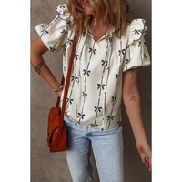 Beige Bow Printed Ruffled Bubble Sleeve Tied Notched V Neck Blouse - L thumbnail