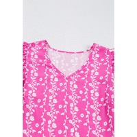 Pink Floral Print Ric-rac Tiered Ruffled V Neck Blouse - L thumbnail