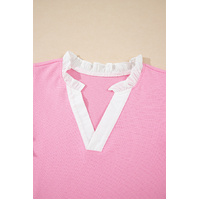 Pink Contrast V Neck Ruffled Textured Knit Top - L thumbnail