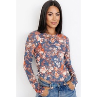 Orchid Petal Floral Print Mesh Fitted Long Sleeve Top - L thumbnail
