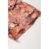 Orange Floral Print Ruffled Flutter Sleeve Frilled V Neck Blouse - L thumbnail