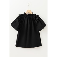 Black Ruffled Puff Short Sleeve Loose Blouse - S thumbnail