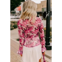 Rose Floral Mesh Flounce Sleeve Mock Neck Blouse - L thumbnail