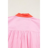 Pink Floral Embroidered Notch V Neck Puff Sleeve Babydoll Blouse - S thumbnail