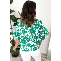 Green Floral Printed Ruffled Short Sleeve Round Neck Loose Blouse - L thumbnail