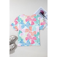 Multicolour Bowknot Printed Waffle Crewneck Loose Short Sleeve Top - S thumbnail