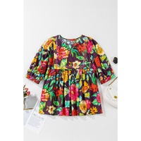 Greyish Purple Rose Flower Embroidered Trim Half Sleeve Blouse - M thumbnail