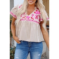 Beige Floral Embroidered Short Sleeve Notched V Neck Blouse - M thumbnail
