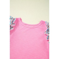 Bonbon Striped Ruffle Flutter Sleeve Ribbed Blouse - L thumbnail