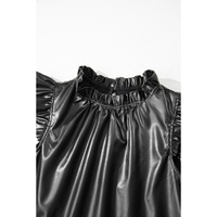 Black PU Leather Frilly Ruffle Trim Blouse - M thumbnail