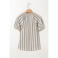 Gray Stripe Frilled Tie Neck Short Sleeve Blouse - L thumbnail