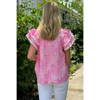 Pink Abstract Print Ric Rac Trim Flutter Sleeve Notch V Neck Blouse - L thumbnail