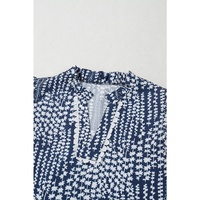 Sky Blue Abstract Print Ric Rac Trim Flutter Sleeve Notch V Neck Blouse - XL thumbnail