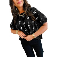 Black Bow Print Puff Short Sleeve Top - L thumbnail