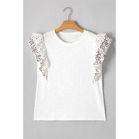 White Floral Lace Eyelet Patched Butterfly Sleeve Blouse - S thumbnail
