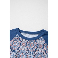 Blue Geometric Printed Lace Patchwork Ric Rac Raglan Long Sleeve Top - L thumbnail