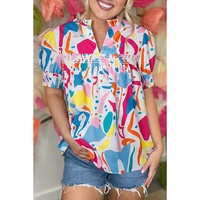 Multicolour Abstract Print Lace Detail Shirred Short Sleeve Split Neck Blouse - S thumbnail