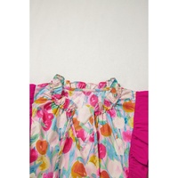 Pink Floral Layered Ruffle Flutter Sleeve Tie V Neck Blouse - L thumbnail