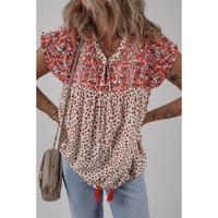 Red Printed Embroidery Detail Tie Split Neck Blouse - L thumbnail
