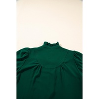 Blackish Green Solid Puff Sleeve Frilled Trim Elegant Blouse - L thumbnail