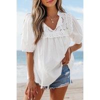 White Embroidered Lace Patchwork Tie Neck Puff Short Sleeve Blouse - L thumbnail