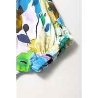 Light Blue Floral Print Slit V Neck Short Sleeve Blouse - L thumbnail