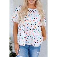 White Colorful Polka Dot Short Sleeve Tiered Ruffled Babydoll Blouse - L thumbnail