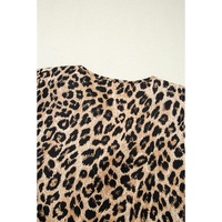 Khaki Leopard Ruffled Neck Cascading Puff Short Sleeve Top - L thumbnail