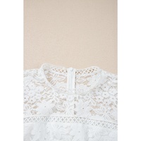 White Short Sleeve Scalloped Floral Lace Peplum Blouse - L thumbnail