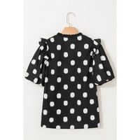 Black Polka Dot Print Shirred Yoke Notched Neck Balloon Sleeve Blouse - L thumbnail