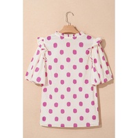 Rose Polka Dot Print Shirred Yoke Notched Neck Balloon Sleeve Blouse - L thumbnail