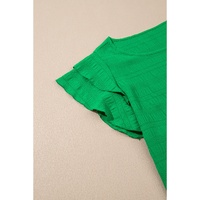 Dark Green Textured Ruffled Sleeve Round Neck Top - L thumbnail