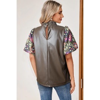 Four Leaf Clover Floral Bubble Sleeve Patchwork Leatherette Frilled Round Neck Blouse - L thumbnail
