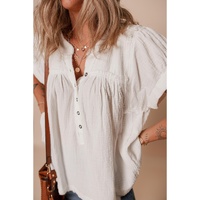 White Textured Short Sleeve Buttons Frayed Blouse - L thumbnail