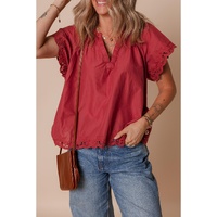 Red Dahlia Floral Embroidered Scallop Trim Short Sleeve V Neck Blouse - L thumbnail