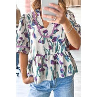 Purple Floral Ricrac Trim Half Sleeve Peplum Top - L thumbnail